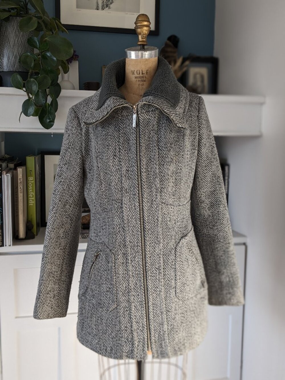 Kensie Wool Blend Winter Coat in Gray & White Tweed with Knit Funnel Neck
